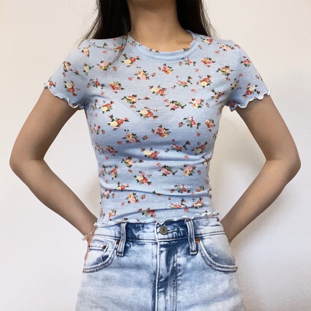 Baby blue floral lettuce trim t shirt